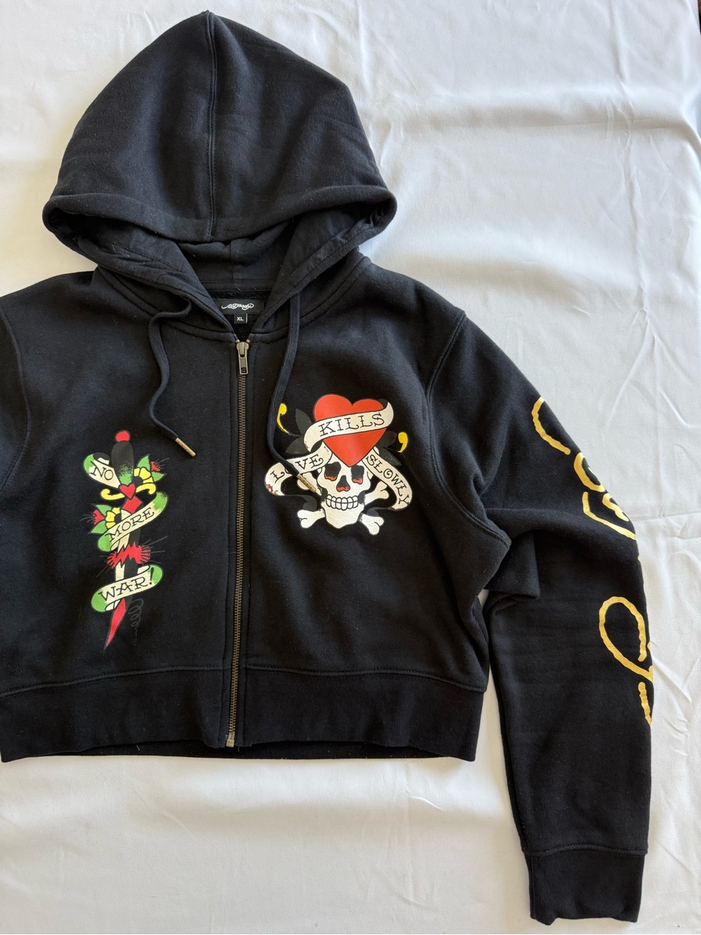 Ed Hardy Black Cropped Zip Hoodie with Colorful Tattoo Graphics - Picture 5 of 11